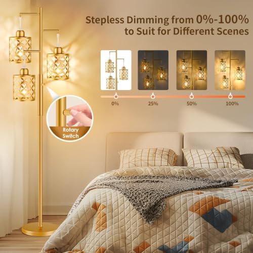 68" Modern Tree Floor Lamp, Dimmable Industrial Tall Standing Lamp with Metal Cages & Rotary Dimmer Knob, Corner Decor Lighting for Living Room Bedroom Cafe, 3 x 800LM Bulbs Included - Gold - Image 4