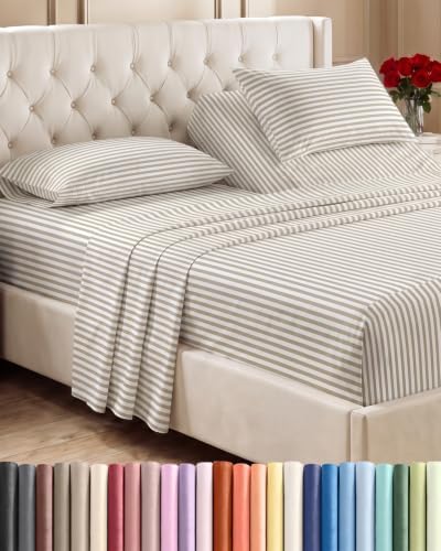 Flex Top Split Head King 4 Piece Sheet Set - Soft & Cooling - Beige Stripes by CGKUnlimited
