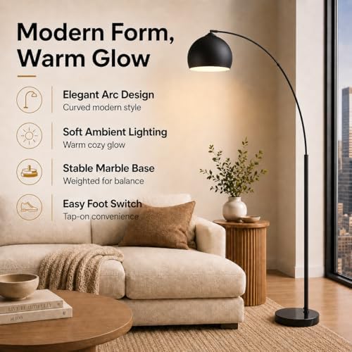 Teamson Home Arquer 66.93" Arc Floor Lamp for Living Rooms, Home Offices, Dining Rooms, Bedrooms with Faux Black Marble Base and Black Bell Shade - Image 2