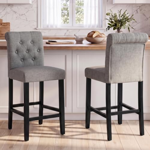 LSSBOUGHT 24 Inches Upholstered Counter Height Bar Stools Kitchen Island Chairs Padded Barstools with Button-Tufted Back and Solid Wood Legs Set of 2（Gray） by LSSBOUGHT