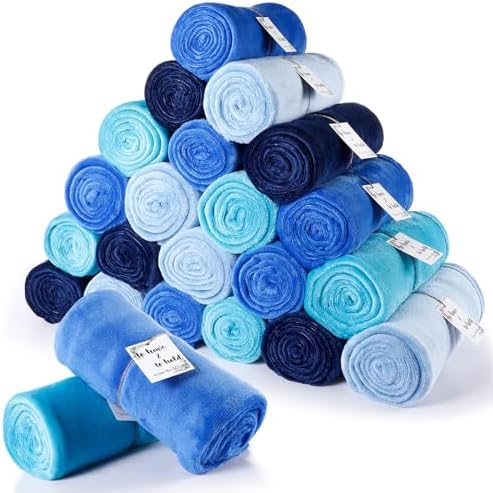 24 Pack Flannel Throw Blankets Bulk 50 x 60 Inch Wedding Fleece Blankets with Thank You Card Soft Blanket for Winter Valentines Guests Sleepover Spa Gifts, 4 Colors (Shades of Blue) by Windkream