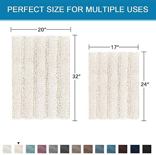 H.VERSAILTEX Ivory Bath Mat Bath Rugs, Extra Thick Striped Bath Rugs for Bathroom 2 Piece Bathroom Set, Anti-Slip Soft Plush Chenille Shaggy Mat Water Absorbent (Ivory, 20" x 32"/17" x 24") - Image 2