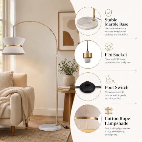 Hamilyeah Arc Floor Lamp for Living Room, 65.5 Inch Gold Arched Floor Lamp with Hand-Woven Cotton Shade and White Marble Base, Modern Over Couch Standing Lamp for Bedroom, Office, Reading Nook - Image 2
