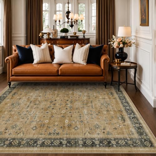 Hazo Haus Vintage 5x8 Living Room Area Rug - Washable Rustic Brown and Charcoal Olive Dining Room Under Kitchen Table, Boho Low Pile Non-Slip Rugs for Bathroom by HazoHaus