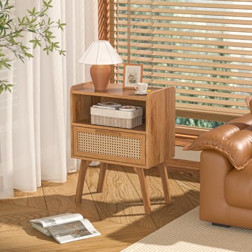 Lerliuo Rattan Nightstand, Side Table with Drawer Open Shelf - Image 5