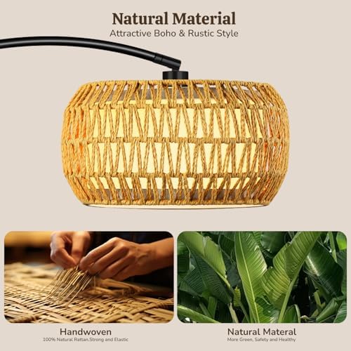 Arc Floor Lamp for Living Room, Rattan Boho Floor Lamp with Remote Control, Black Standing Lamp with 3 Color Temperatures & Dimmable LED Bulb, Tall Lamp for Bedroom, Over Couch Arched Reading Light - Image 2