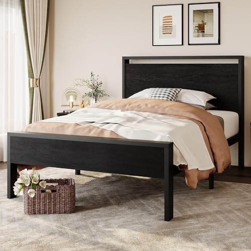 SHA CERLIN 14 Inch Twin Size Metal Platform Bed Frame with Wooden Headboard and Footboard, Mattress Foundation, No Box Spring Needed, Large Under Bed Storage, Heavy Duty Slats Support, Black Oak by SHACERLIN