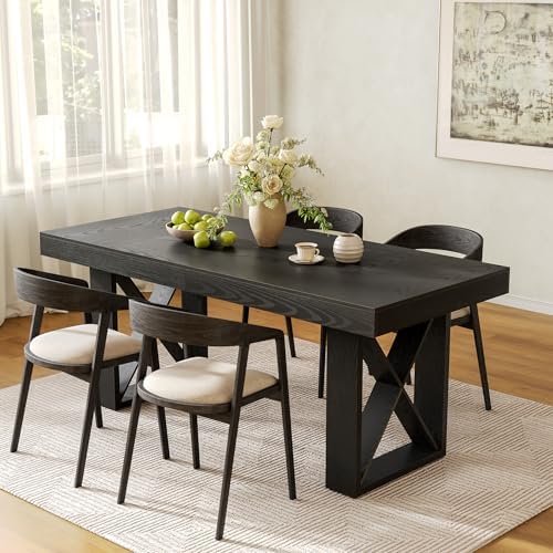 LITTLE TREE Dining Table for 4 People, 63-Inch Farmhouse Rectangle Kitchen Dinner Table for Dining Room, Kitchen, Living Room, Black - Image 4