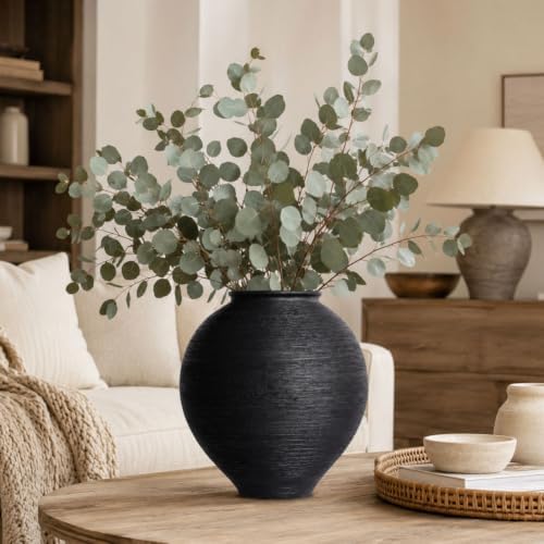 Large Blak Ceramic Vase - 11.8 Inch Large Black Round Vase, Rustic Farmhouse Vase for Home Decor, Dining Table, Shelf, Bedroom, Living Room, Kitchen, Office, Bathroom, Mantle, Centerpiece Décor - Image 5