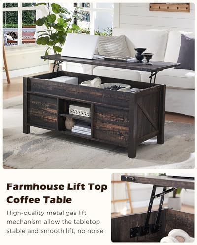 OKD 48" Farmhouse Lift Top Coffee Table, Sliding Barn Door, Dark Rustic Oak - Image 2