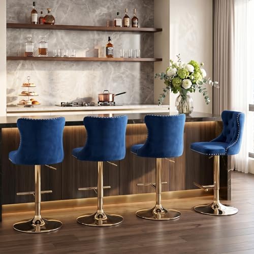 SoarFlash Velvet Bar Stool Set of 4, Adjustable Swivel Bar Stools with Gold Plated Metal Leg, Button Tufted, Footrest, Chrome Nailhead, Counter Height Chair for Kitchen, Bar, Dining Room (Blue) - Image 4