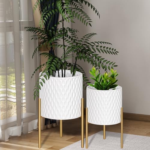ARNIS Plants Pots with Stand, Set of 2 Planters, Unique Mid Century Decorative Metal Flower Pots with Drainage, 10.5 & 12.25 Inch, White and Gold - Image 2