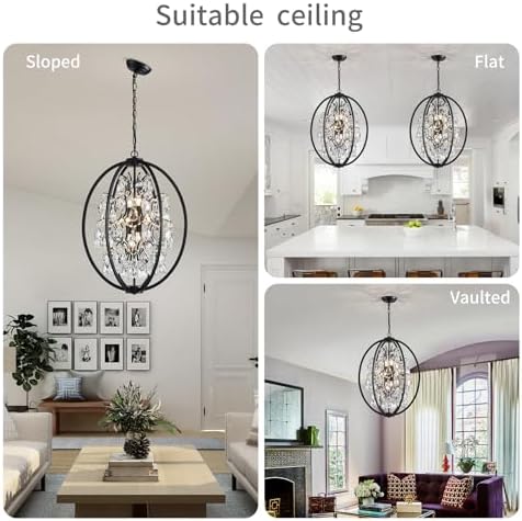 WUZUPS Globe Crystal Chandelier Raindrop Pendant Flushmount Ceiling Light Modern Lighting Fixture for Bedroom Hallway Bar Kitchen Bathroom, H 23.6" x W 19.7", Black, 8 E12 Base - Image 6