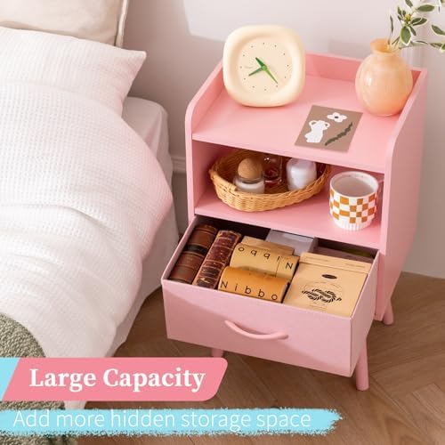 Yoobure Night Stand with Fabric Drawer, Modern Nightstand, Bedside Tables, Mid Century Nightstands with Open Storage Shelf, Wood Bedside Table, Small Night Stands for Bedrooms, 2-Tier Night Table - Image 4