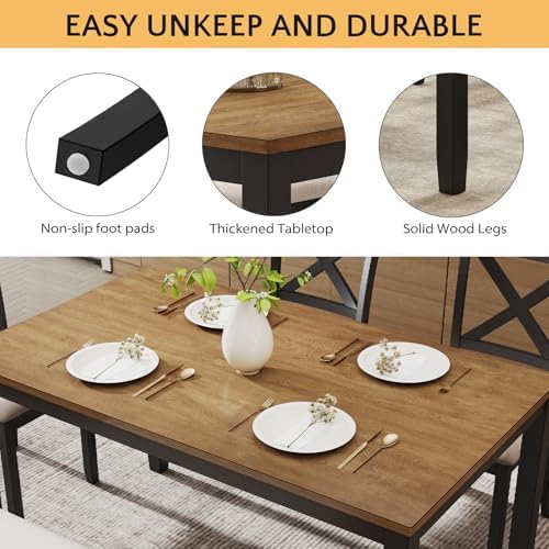 Zevemomo 6-Piece Solid Wood Dining Table Set, Farmhouse Wooden Legs, Black - Image 3