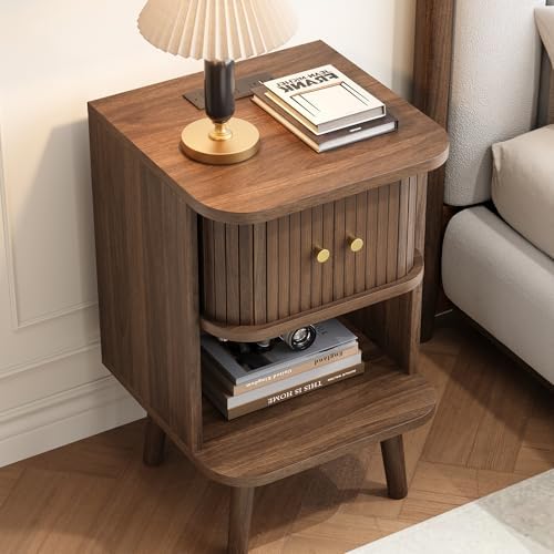 Decofy Fluted Nightstand, Charging Station & Sliding Door, Walnut - Image 6