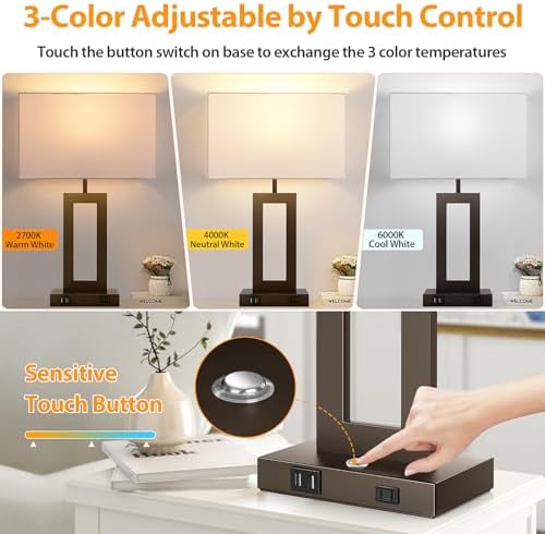 27.2’’ Tall Brown Table Lamps for Living Room Bedroom, Bedside Touch Control Lamps with 2 USB Ports&AC Outlet, 3 Color Temp.&Stepless Dimming Desk Lamp Sets for Home Office, Pre-assembled White Shade - Image 2