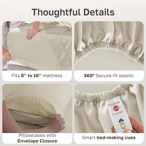 California Design Den 100% Cotton Sateen King Size Sheets Set, 6 Pcs, Beige - Image 4