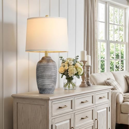 24.5" Vintage Ceramic Table Lamp Single-Rustic Boho Accent Nightstand Lamps for Bedroom, Living Room, Entryway-Small Textured Bedside Lamps, Modern Farmhouse Table Lamps for Home Decor Gray - Image 3