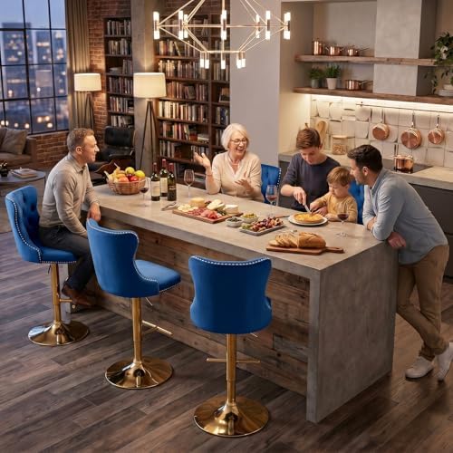 SoarFlash Velvet Bar Stool Set of 6, Adjustable Swivel Bar Stools with Gold Plated Metal Leg, Button Tufted, Footrest, Chrome Nailhead, Counter Height Chair for Kitchen, Bar, Dining Room (Blue) - Image 3