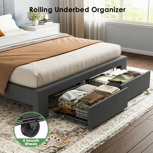 Marsail Queen Bed Frame with 2 Storage Drawers - Upholstered, Adjustable Headboard,6"-12" Mattress Fit, 1300 lbs Capacity, 12-Leg Sturdy Wood Construction, Easy Assembly, Dark Gray - Image 5