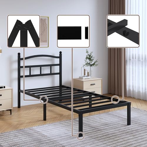 SHOANED Metal Bed Frame with Headboard - 14 Inch Twin XL Size Heavy Duty Bedframe Black Basic Steel Slats Platform No Box Spring Needed/Easy Assembly/Noise Free - Image 6