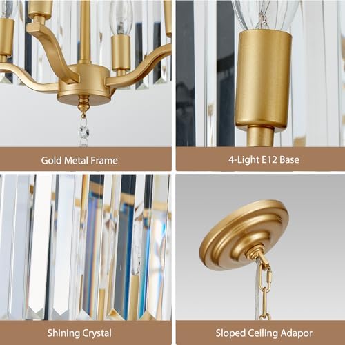 Gold Crystal Chandeliers for Dining Room, 4-Light Modern Round Chandeliers 15.7" for Living Room Kitchen Hallway Bedroom Foyer Hall, Adjustable Height Hanging Light Fixture - Image 3