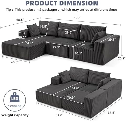 108" Boneless Couch with Chaise, Cloud Sectional Modular Sofa, Darkgrey - Image 3