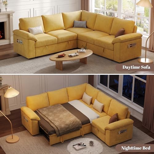 85'' Modular Sectional Sofa with Pull Out Bed, Sleeper Sofa, Yellow - Image 4