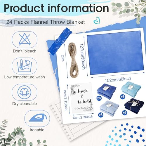 24 Pack Flannel Throw Blankets Bulk 50 x 60 Inch Wedding Fleece Blankets with Thank You Card Soft Blanket for Winter Valentines Guests Sleepover Spa Gifts, 4 Colors (Shades of Blue) - Image 2