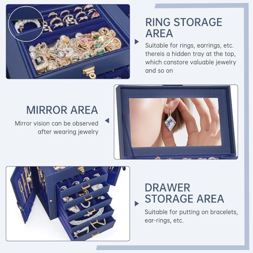 AKOZLIN 6-Tier Jewelry Box Organizer 5 Drawers Storage Medium Blue - Image 3