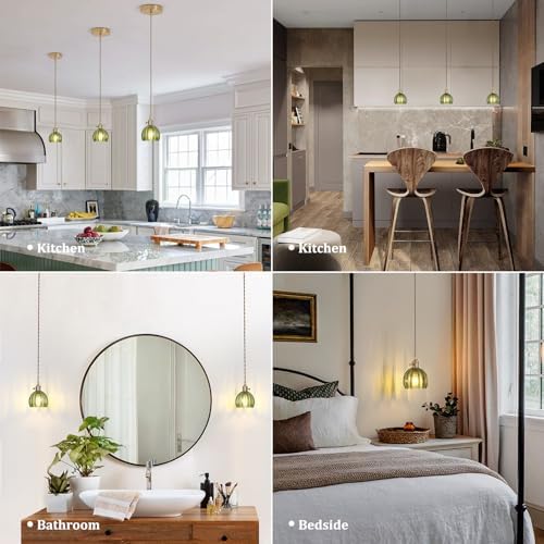 Shenmoyl Pendant Light with Green Tulip Glass Lmapshade, Brass Vintage Pendant Light Adjustable Hanging Light for Kitchen Island Dining Room Hallway - Image 2