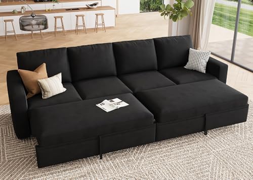 HONBAY Modular Sectional Sleeper Sofa Bed, with Pull Out Bed, Linen Convertible Sectional Couches for Living Room - Black by HONBAY