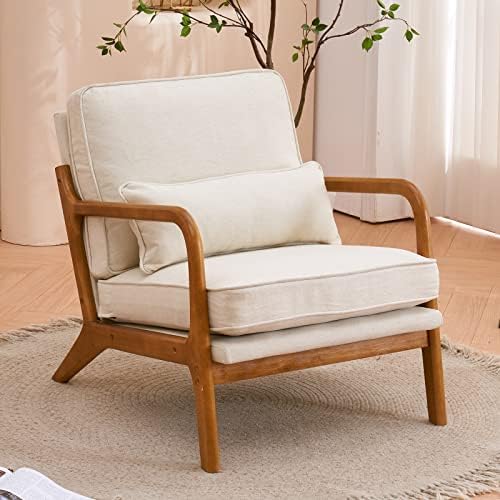 Bonnlo Fine Beige Accent Chairs Set of 2, Upholstered Mid Century Modern Lounge Fabric Chairs Reading Chairs Side Sitting Chair Solid Wood Farmhouse Armchairs for Living Room, Bedroom, Guest Room - Image 5