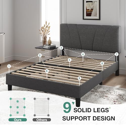 Novilla Queen Size Bed Frame Upholstered Queen Bed Frame with 3-Height Adjustable Headboard, Strong Weight Capacity, No Box Spring Needed, Easy Assembly, Grey - Image 4