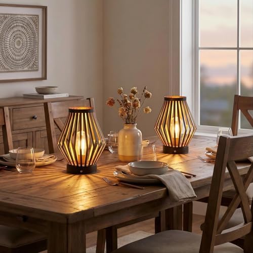 JHY DESIGN Set of 2 Dimmable Bedside Table Lamp 8.5''H Rechargeable Metal Cage Lantern with LED Edison Style Bulb Cordless Accent Lamp for Weddings Parties Patio Events for Indoors Outdoors by JHYDESIGN