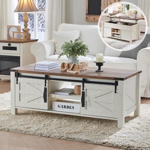 OKD 48" Farmhouse Lift Top Coffee Table, Sliding Barn Door, Antique White by OKD