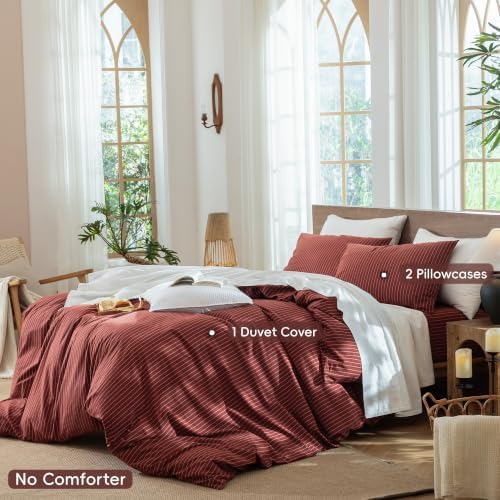 MooMee Striped Duvet Cover Set 100% Washed Cotton Linen Like Queen - Image 2