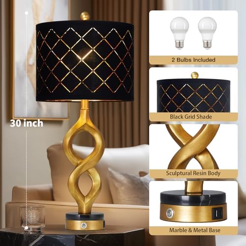 Cinyirong 30" Black and Gold Table Lamps Set of 2 for Bedroom, Modern Touch Control Bedside Lamps for Living Room, 3-Way Dimmable Sculptural Resin Nightstand Lamps with USB A+C Ports and 2 LED Bulbs - Image 2