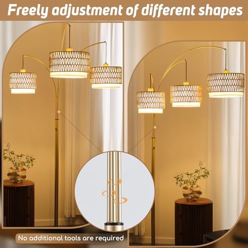 3-Light Arc Gold Rattan Floor Lamp for Living Room,80'' Boho Lamp - Image 7