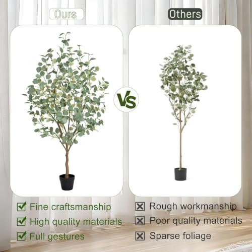 5FT Artificial Eucalyptus Tree Indoor, Faux Eucalyptus Tree with 477 Silk Leaves, Tall Fake Tree - Artificial Tree Indoor for Living Room Office Bedroom Home Decor - Image 7