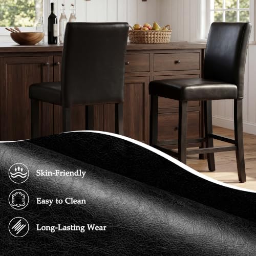 GOTMINSI Set of 2 Classic 24 Inches Counter Height Stools Upholstered Bar Stools with Solid Wood Legs and Black Leather Counter Stool(PU Black) - Image 4