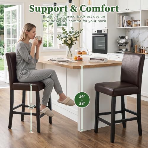 LSSPAID Counter Height Bar Stools Set of 2, 25 Inch Upholstered PU Leather Barstools, Modern Kitchen Island Chairs with Backrest and Solid Wood Legs, Dark Brown - Image 3