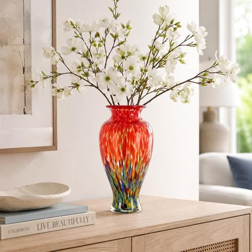 11.8" Tall Glass Vase Beautiful Hand Blown Glass Vase Modern Art Home Decor, Wide Mouth Colorful Vases for Mantle Dining Table Centerpiece, Entryway Living Room Wedding Decoration (Flame Red) - Image 2