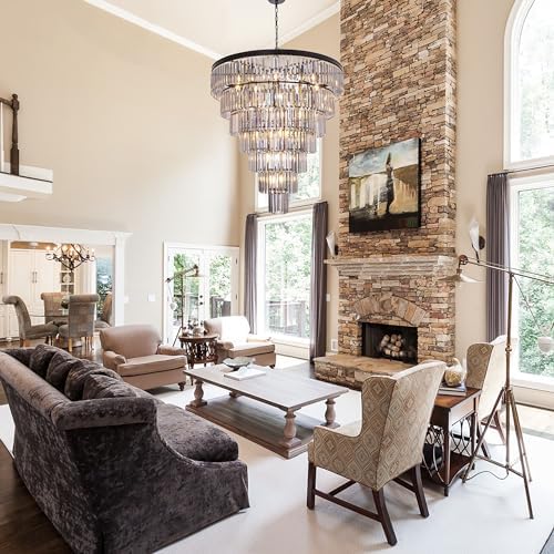 TOCHIC Black Crystal Chandelier for Living Room, 40 Inch 7-Tier Modern K9 Smoke Grey Chandeliers for Dining Room, Round Raindrop Light Hanging for High Ceiling, Staircase, Entryway, Foyer - Image 2