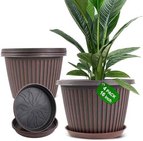 Large-Planter-Indoor-Outdoor Plant Pots, 16 inch 4 Pack Plastic Flower Pots with Saucer And Drainage Holes, Modern Garden Planters For Planting Medium Large Plants， Decorative Resin Garden Pots by Myfeegoin