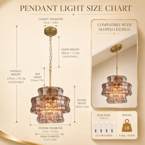 12.5-Inch Smoked Glass Pendant Light, 3-Light Brass Kitchen Island Pendant - Image 4