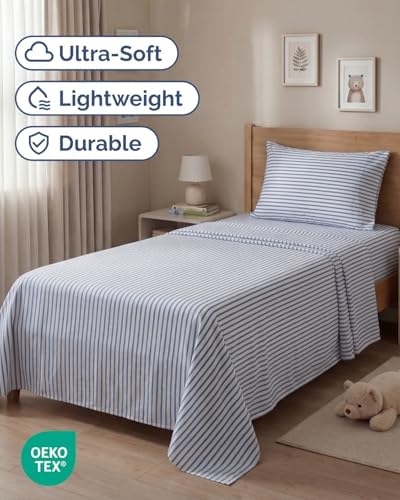 Twin Size 3 Piece Sheet Set - Breathable & Cooling Sheets - Blue Stripes - Image 2