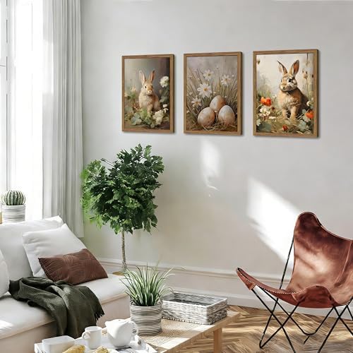 Vintage Easter Bunny Wall Art Set of 3, Spring Easter Rabbit Eggs Canvas Wall Decor Paintings, Rustic Farmhouse Animal Artwork Prints Pictures for Living Room Bedroom Bathroom 16x24 Inch Framed - Image 6
