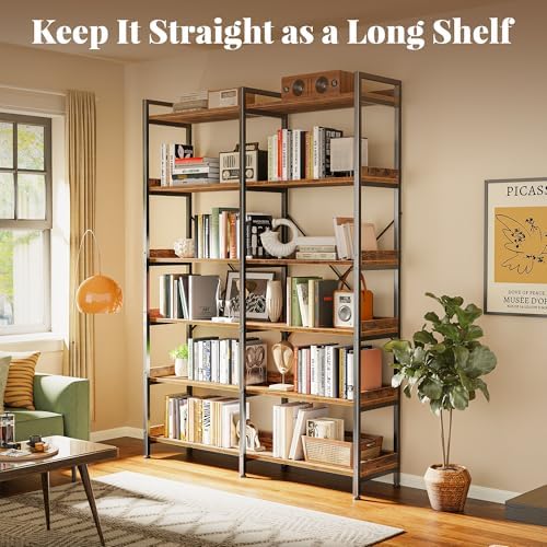 Huuger 6 Tier Bookshelf, Corner Bookshelf with 12 Open Shelves and Raised Baffle, 47.2 Inch Straight Wide Bookcase with Metal Frame and Wooden Board, Adjustable Feet, Rustic Brown - Image 3
